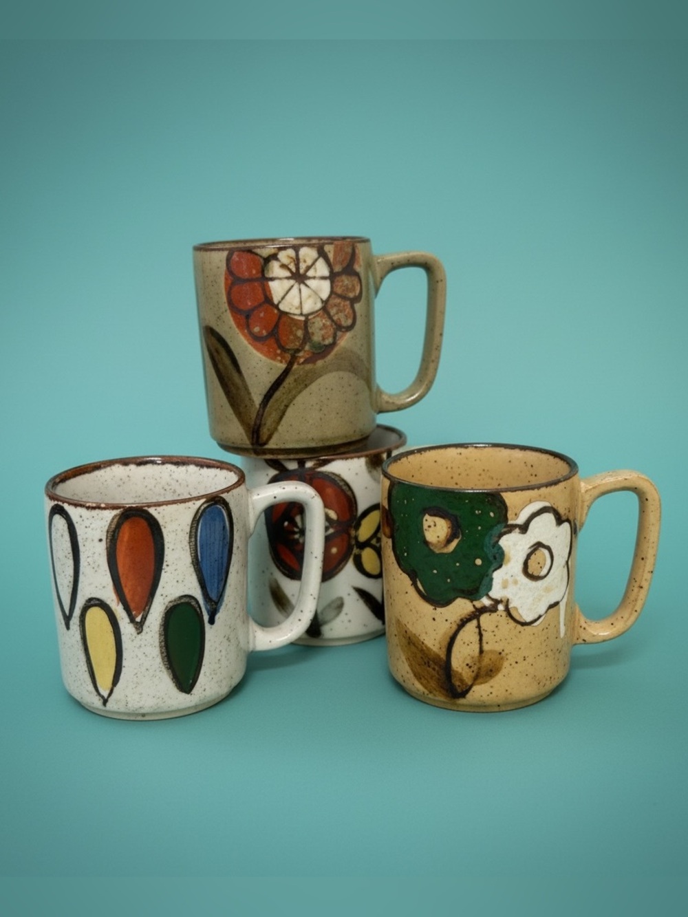 Vintage Pottery Coffee Cups Mugs Boho Floral Lot of 4